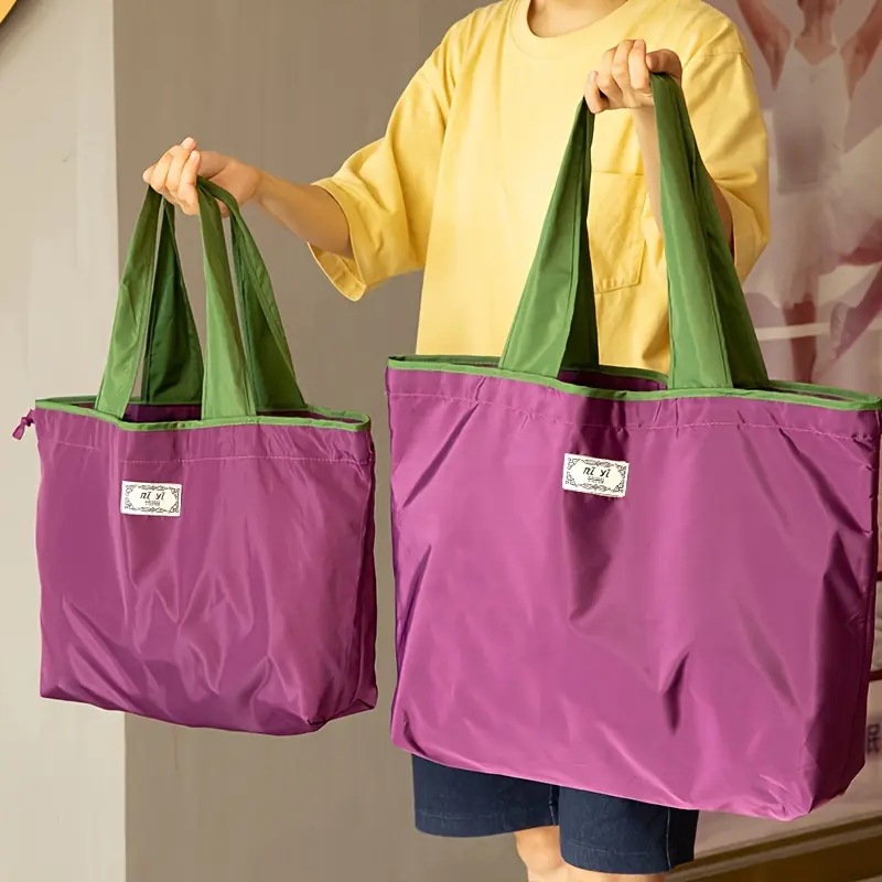 Nylon supermarket shopping bag, reusable eco-friendly bag, large-capacity foldable storage tote bag, adjustable shoulder strap, leak-proof design, compact storage, daily use, multi-color optional, Reusable Shopping Bags, Shopping Totes