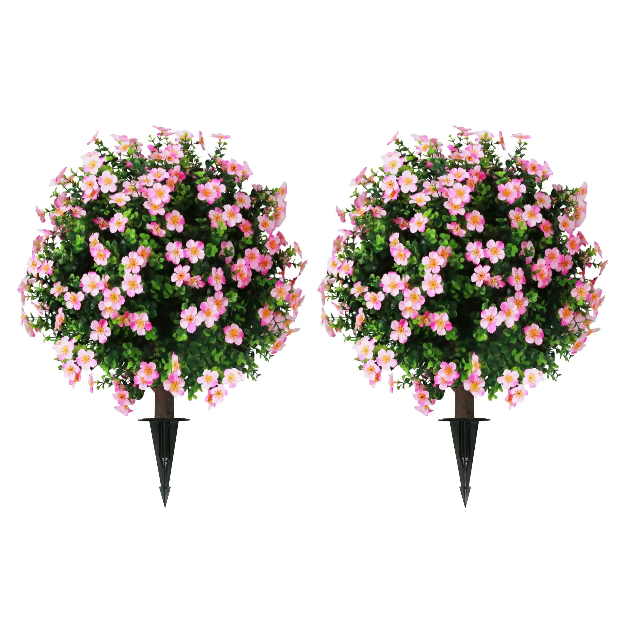 2pcs Artificial Boxwood Topiary Ball Trees with Pink Flowers 25.5 Inch Ground Spike UV Resistant Polyethylene Decorative Ornaments for Indoor Outdoor Garden Porch Patio - Plastic Plants - Fruit Nature