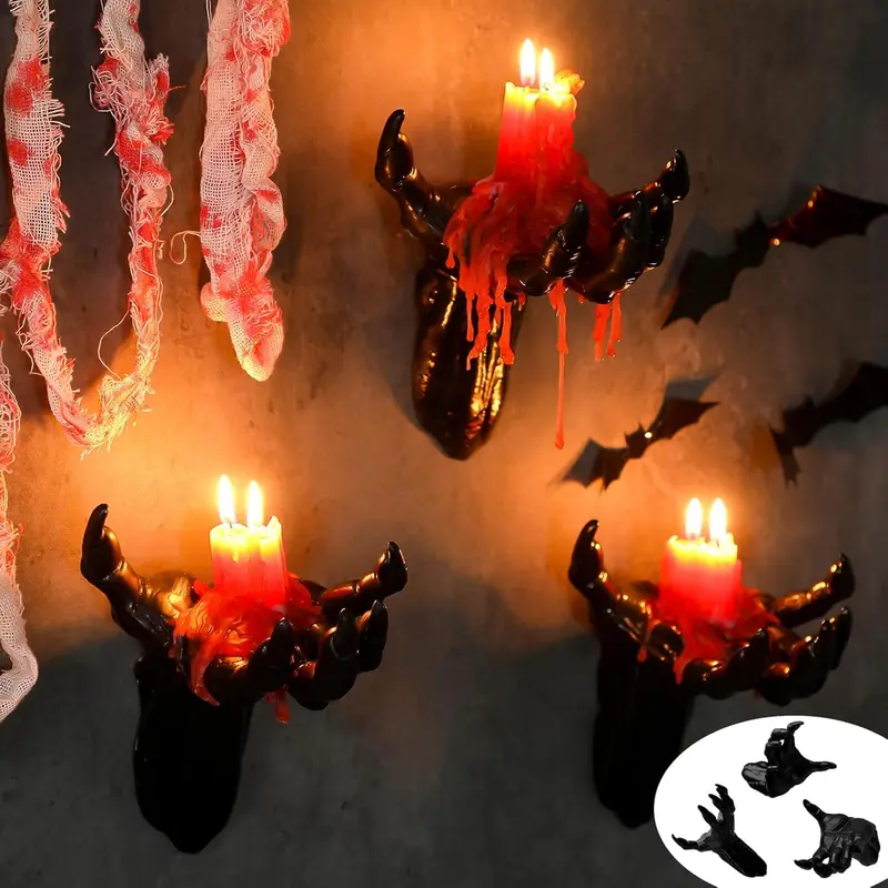 Halloween Decorations Set of 3 Wall Mounted Creepy Reaching Hands with LED Lighted Candles Life-Sized Horror Hands for Wall Decorations Scary Halloween Ornaments Spooky Set Realistic Design Safe Durable Materials Multifunctional Gothic Pack