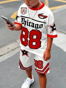 Boys' Chicago 88 Star Print Two-Piece Sports Set, Blue T-Shirt + Shorts, Casual Loose-Fit, All Seasons, No Collar, No Zipper, No Button