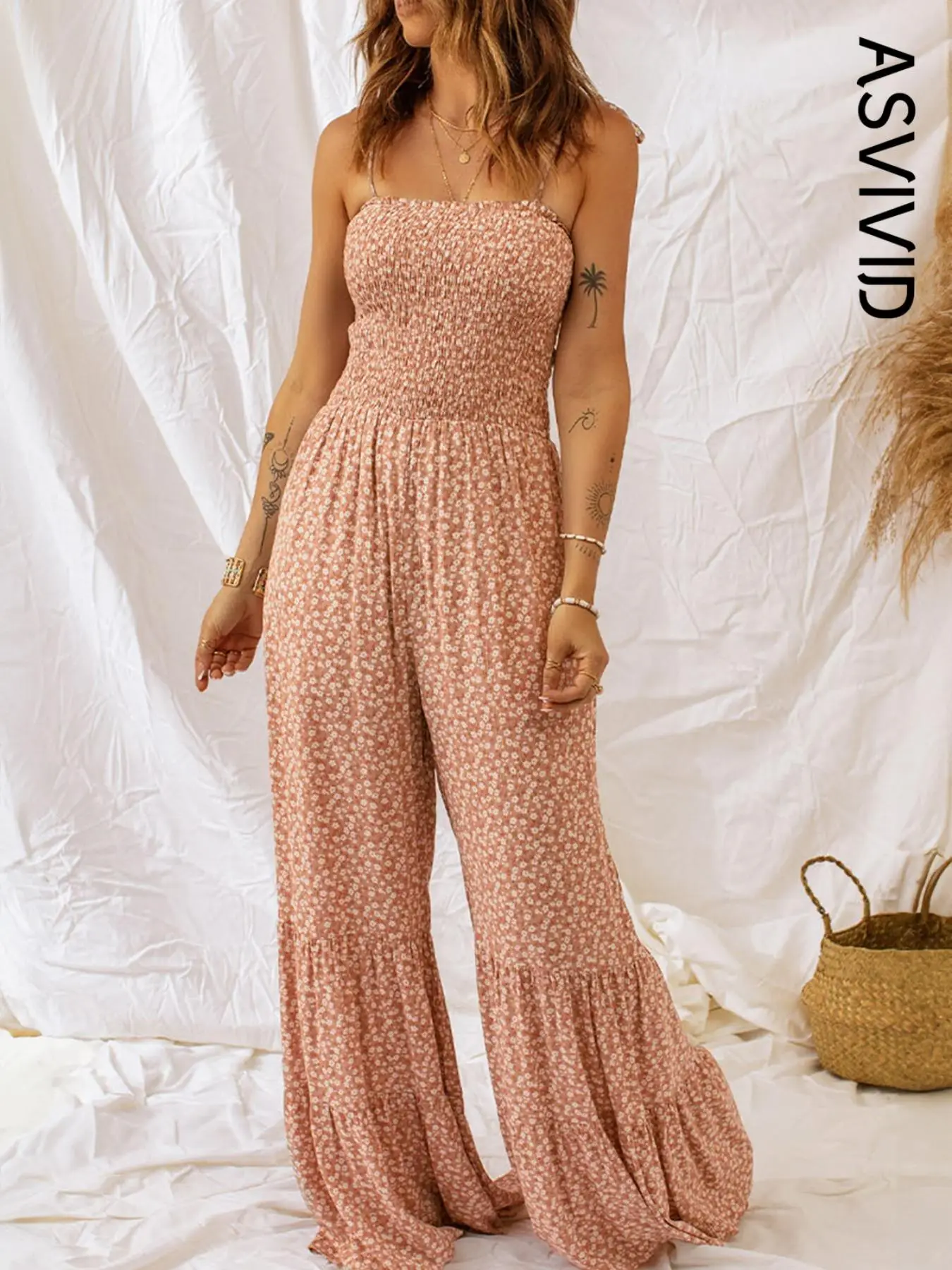 Women's Ditsy Floral Print Shirred Ruffle Hem Wide Leg Cami Jumpsuit, Boho Tie Shoulder Sleeveless Jumpsuit for Beach Holiday Vacation, Ladies Summer