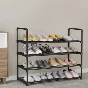 Shoe Rack Storage Organizer 4 Tier Shoe Metal Rack for Closet Entryway Door Bedroom Floor Small Space Hallway Black Shelf