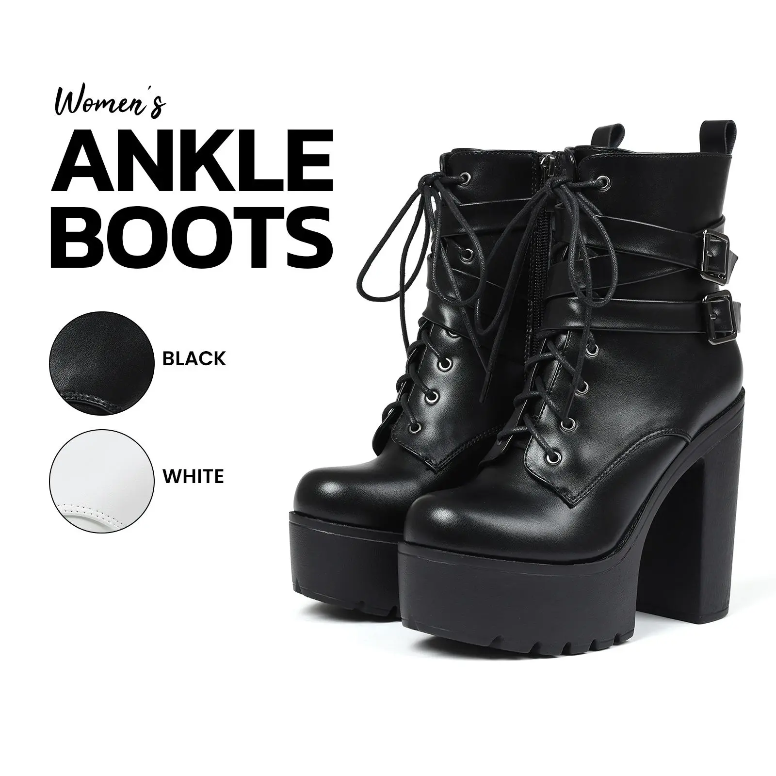 Womens Ankle Boots Round Toe Chunky Block High Heel Lace Up Side Zipper Buckle Straps Comfortable Goth Punk Rave Party Date Concert Trendy Combat Ankle Booties