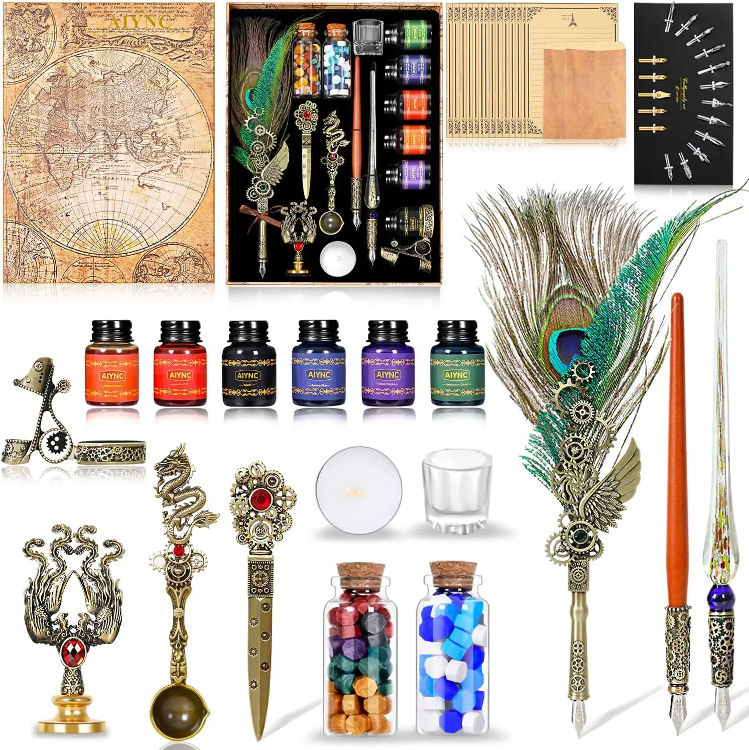 Peacock Feather Quill Pen Set with Ink and Wax Seal Stamp - Office Stationery Writing Tool, Ideal Valentine's Day/Birthday Gift for Writing Enthusiasts