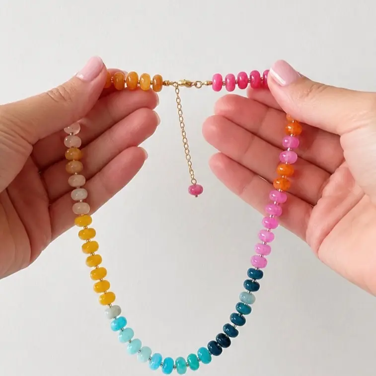 Handmade Rainbow Gemstone Choker Necklace, Colorful Beaded Statement Jewelry for Women