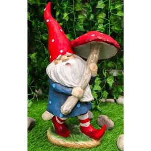 Large Whimsical Garden Gnome With Giant Toadstool Mushroom Umbrella Figurine