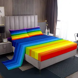 Gradient Rainbow Stripes Bed Sheets Set,Colorful Rainbow Sheet Set,Multi-Color Sheets with Deep Pocket Fitted Sheet,Geometric Strips Bedding Set