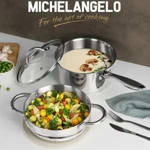 MICHELANGELO Stainless Steel Saucepan with Lid & Steamer, 3 Quart Sauce Pan, Steamer Pot with Pour Spout, Induction Compatible, Cookware Silver