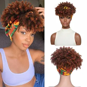 Ombre Short Headband Wig Afro Kinky Headband Wig with Bangs for Women Synthetic Afro Kinky Curly Hair Wig with Headband Attached