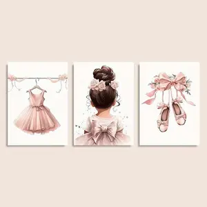 3pcs Ballet Dancer - Pink Watercolor Ballet Print with Bowknot, Classic Ballerina Paintings Suitable for, Bedroom, - Vertical Wrap-Around Canvas Frames, Ink on Canvas Decor