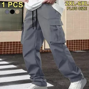 Plus Size (2XL–6XL) Men’s Casual Trendy Cargo Pants, Extra-Wide Straight-Leg Design, Multi-Pocket Style, Elastic Waist with Adjustable Drawstring, Suitable for Leisure Activities, Everyday Wear at Home, and Outdoor Walks