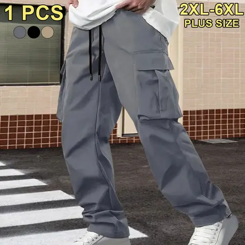 Plus Size (2XL–6XL) Men’s Casual Trendy Cargo Pants, Extra-Wide Straight-Leg Design, Multi-Pocket Style, Elastic Waist with Adjustable Drawstring, Suitable for Leisure Activities, Everyday Wear at Home, and Outdoor Walks
