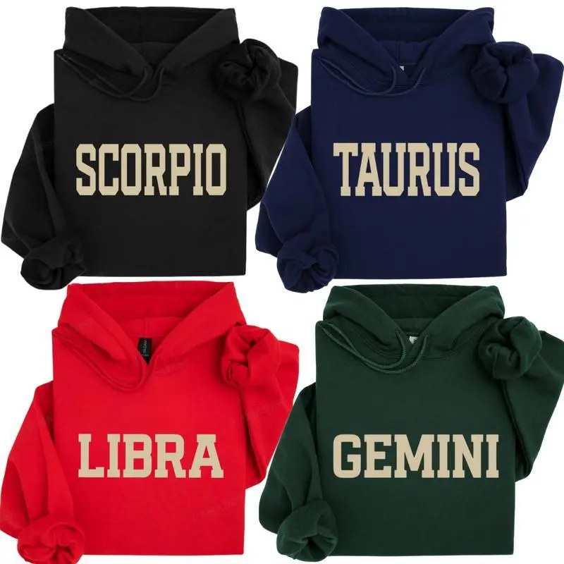 Full 12 Zodiac Hoodie Collection, Vintage Varsity Letter Graphic Pullover for Men and Women, Cozy Horoscope Sweatshirt, Retro Astrology Constellation Hoodie, Perfect Birthday Gift Idea - AG