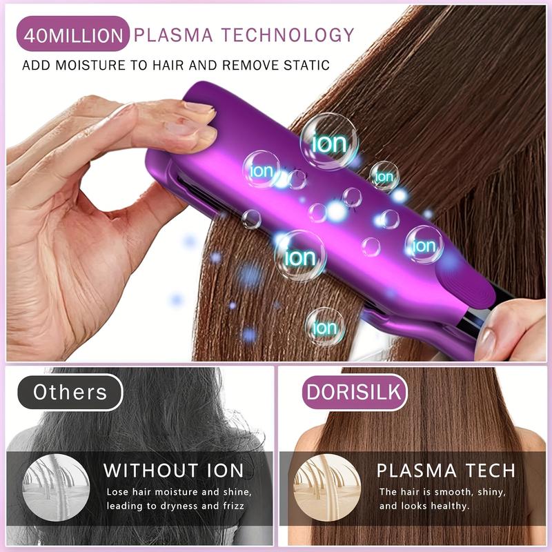 DORISILK 500°F Professional 2-in-1 Hair Styling Tool - Ceramic Wide Plate Flat Iron with Plasma Tech for Frizz-Free, Glossy Hair (Purple)