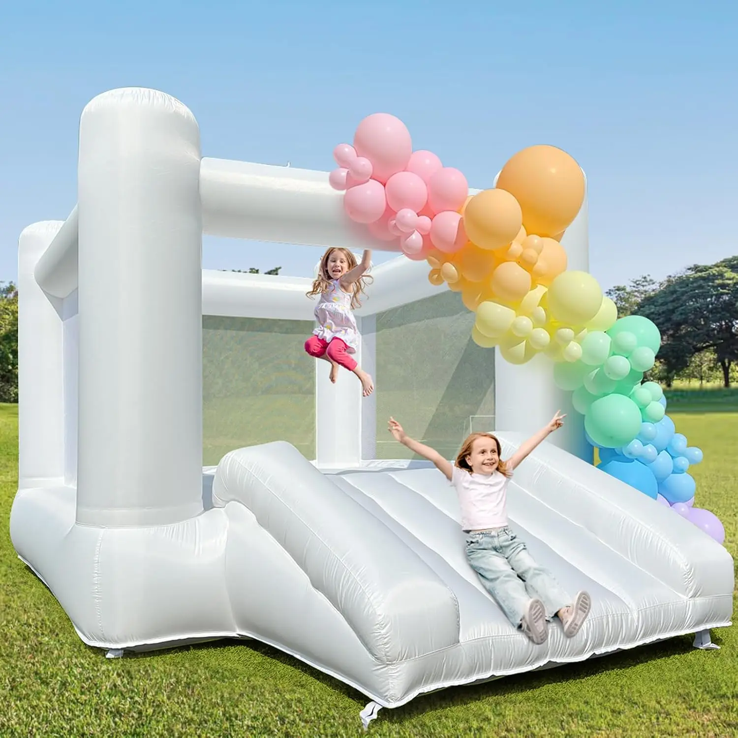 Vancen White Birthday Party Bouncer, Unisex Sports Kids Outdoor Play Bounce House with Slide & Air Blower, Anchor Stakes Included, 133.86x96.46x74.02in Large Indoor-Outdoor Playhouse for 8-12 Year-Olds & Adults