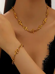 Anka Cross Necklace Bracelet Set, Alloy Hip Hop Retro Unisex Daily Wear, Lifeforce Symbol, Fade-Resistant, Adjustable, Trendy Street Style