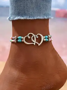 Boho Style Beaded Dainty Layered Anklet Necklace Set, Silver Color Heart Design Jewelry Gift for Women, Ideal Summer Accessory for Special Occasions