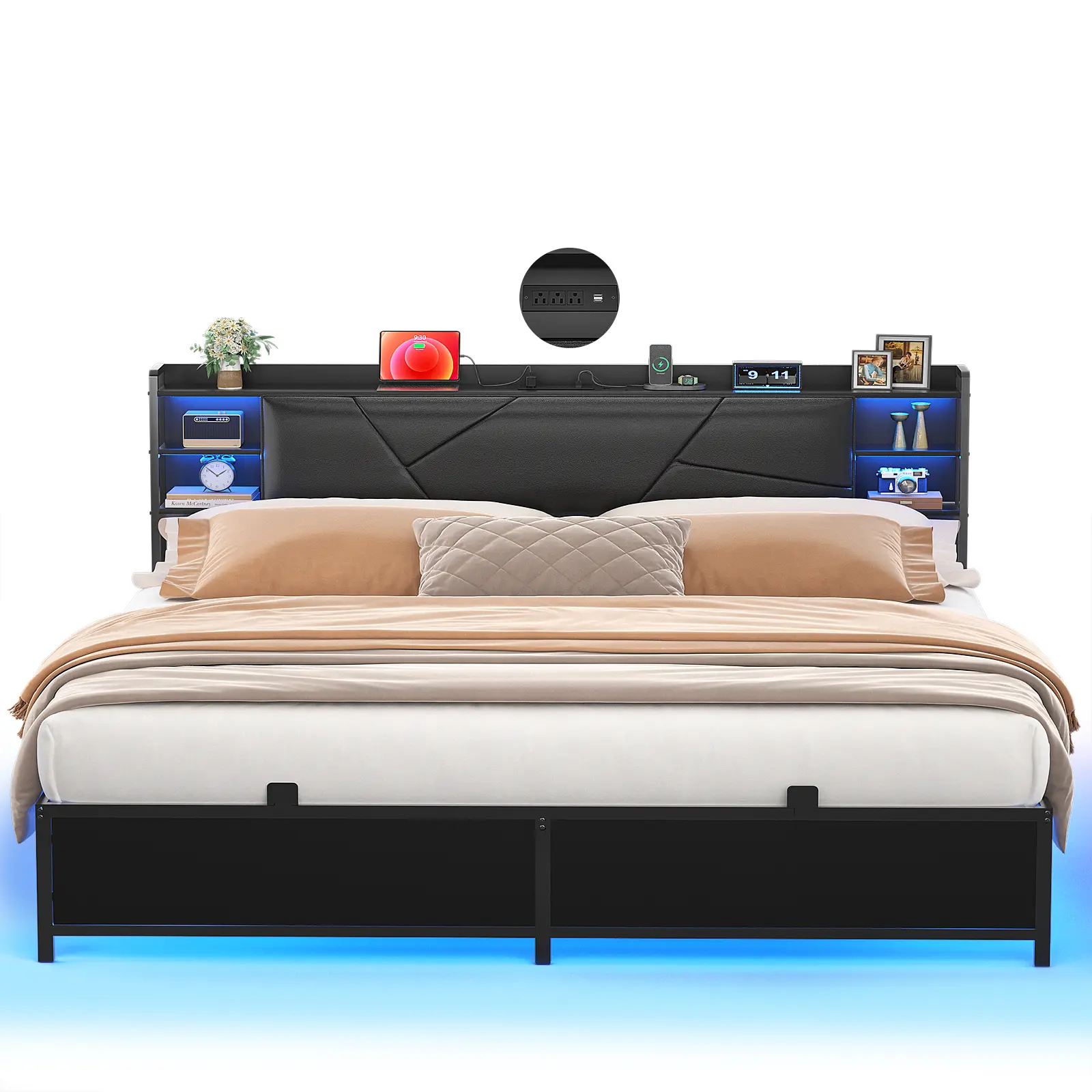 Homieasy King Size Bed Frame with Charging Station and RGB LED Lights, Sturdy Platform Bed with Storage Upholstered Headboard, Solid Metal Slats, Noise Free, No Box Spring Needed, Easy Assembly, Black