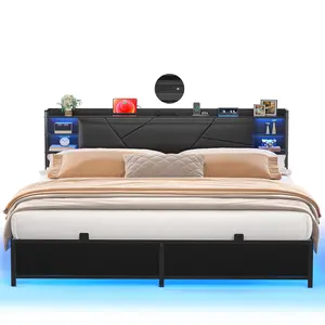 Homieasy King Size Bed Frame with Charging Station and RGB LED Lights, Sturdy Platform Bed with Storage Upholstered Headboard, Solid Metal Slats, Noise Free, No Box Spring Needed, Easy Assembly, Black