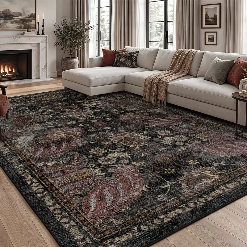 Large Indoor Area Rug, Soft Velvet Low Pile Rug with  Machine Washable Vintage Oriental Floral Pattern Carpet, Dark Distressed Traditional Style Floor Mat for Living Room, Bedroom and Office Decor