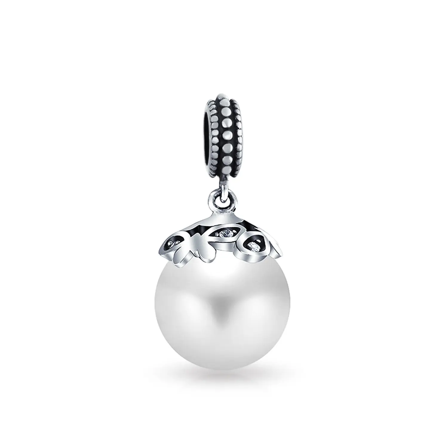.925 Sterling Silver Bali Filigree Cap Faux White Pearl Heart Dangle Charm Bead June Birthstone