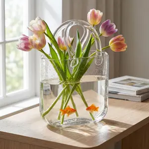 Purse Vase for Flowers, Clear Bag Vases with Handle, Handbag Shape Flower Vase Fish Bowl, Wide Mouth Bubble Vases for Wedding Birthday Centerpieces, Home(Transparent)
