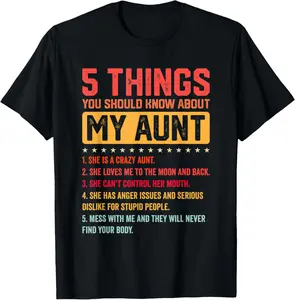 100% Cotton 5 Things You Should Know About My Auntie Funny Aunt T-Shirt Top Vintage Women's Everyday Graphic Streetwear Tee