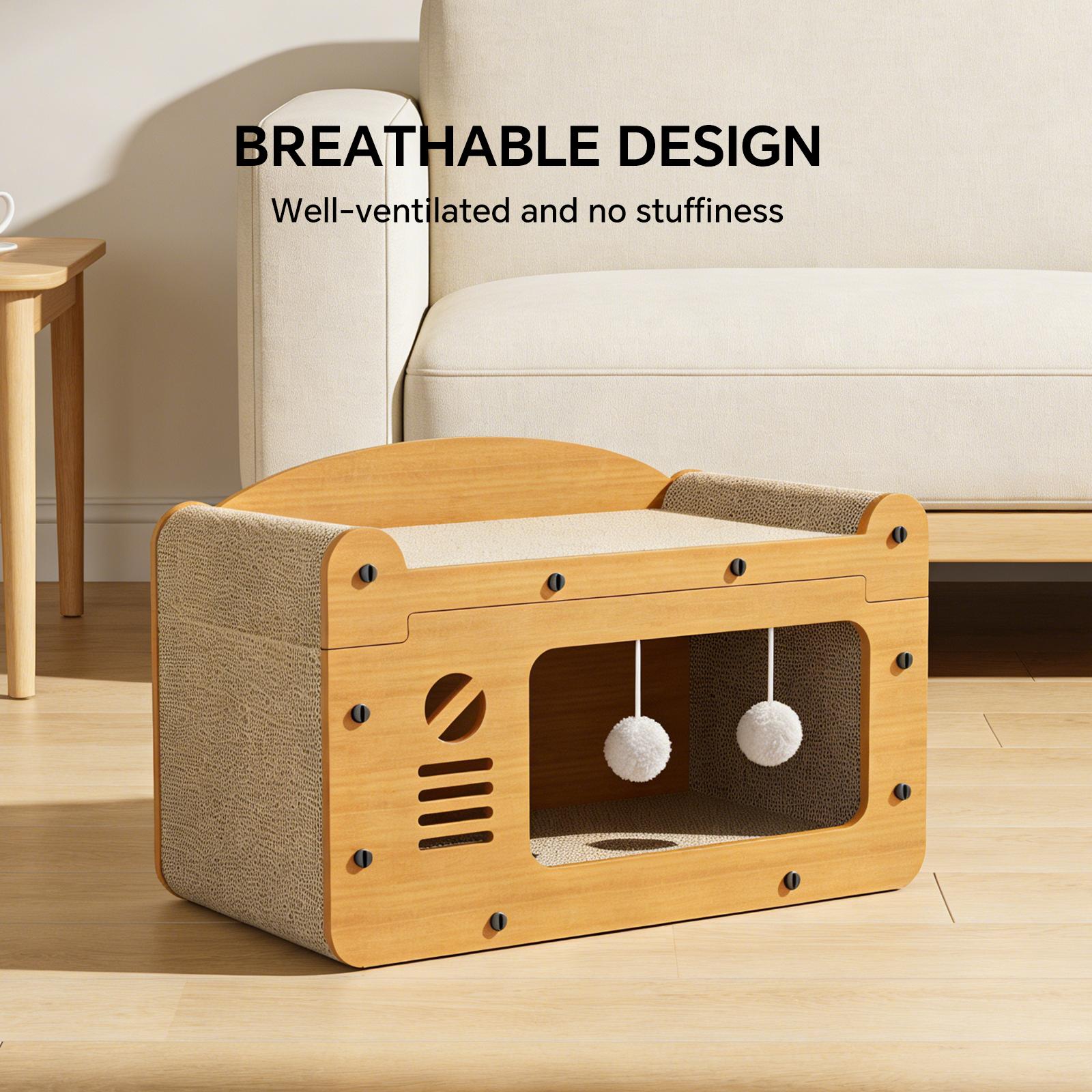 2-in-1 Solid Corrugated Paper Cat Furniture - Scratching House with Integrated Board & Bed, Enclosure for Litter Box/Cat Tree, Ideal for Resting