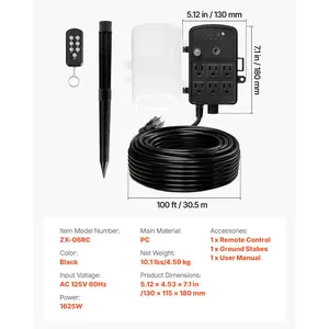VEVOR Outdoor Power Stake, 100FT Extension Cord, Outdoor Power Strip Weatherproof with Cover, Remote Control Dusk to Dawn Light Timer Waterproof, 6 Outlets, 1625W/13A, for Christmas Lights, Garden