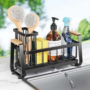Kitchen Sink Organizer Storage Rack,1 Set SpongeHolder for Kitchen Sink, Metal Storage Rack withBrush Holder & 1 Sponge, Rustproof Kitchen GadgetsDish Sponge Organizer, Kitchen Accessories, kitchenUtensils Organizer sink caddy Black
