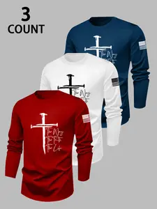 Men's 3-Piece Knit Round Neck Long Sleeve T-Shirt Set, Cross Letter Print Flag Pattern, Breathable Fabric, Casual Fashion Streetwear