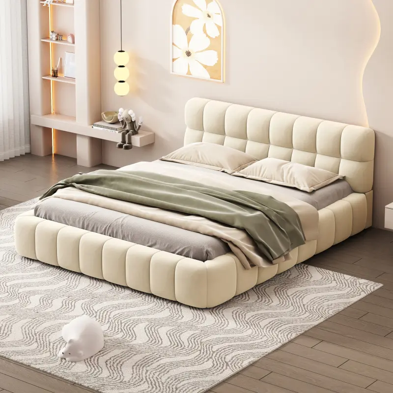 Beige Queen Size (Double) Thick Linen Glam Upholstered Rectangular Platform Bed Frame - Grounded Solid Frame, 87.6"l x 66.5"w x 23.6"h, No Fire Safety Label, Assembly Requires