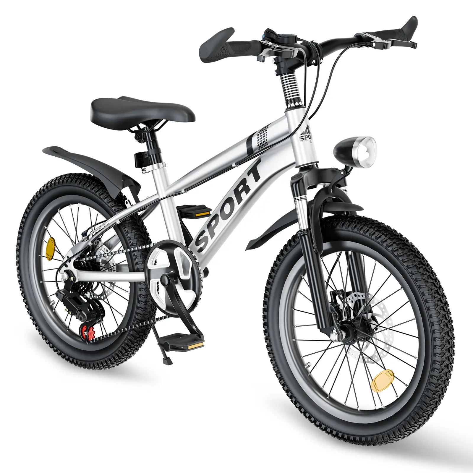 Kids Mountain Bike with 7-Speed Gears and Dual Disc Brakes, Shock-Absorbing Front Fork, LED Light, Steel Frame - Available in 20 & 24 Inch Sizes, Silver and Pink Options
