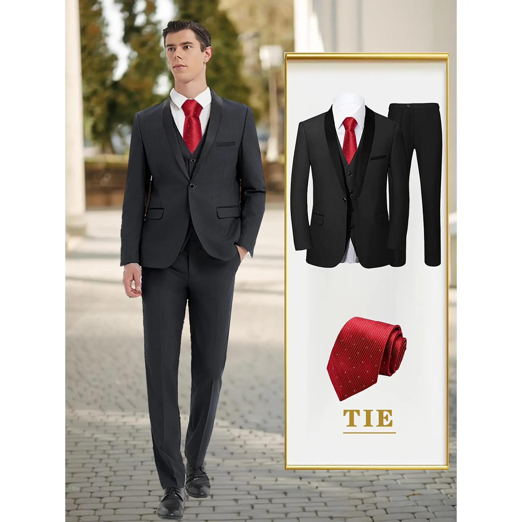 Four Piece Men'S Luxury Set: Suit Jacket, Vest, Pants, Red Tie, Classic And Fashionable, Finely Sewn, Smooth Lines, Multifunctional,  Designed for Business Elites, Suitable for Events Such As Business, Banquets, Weddings, Etc