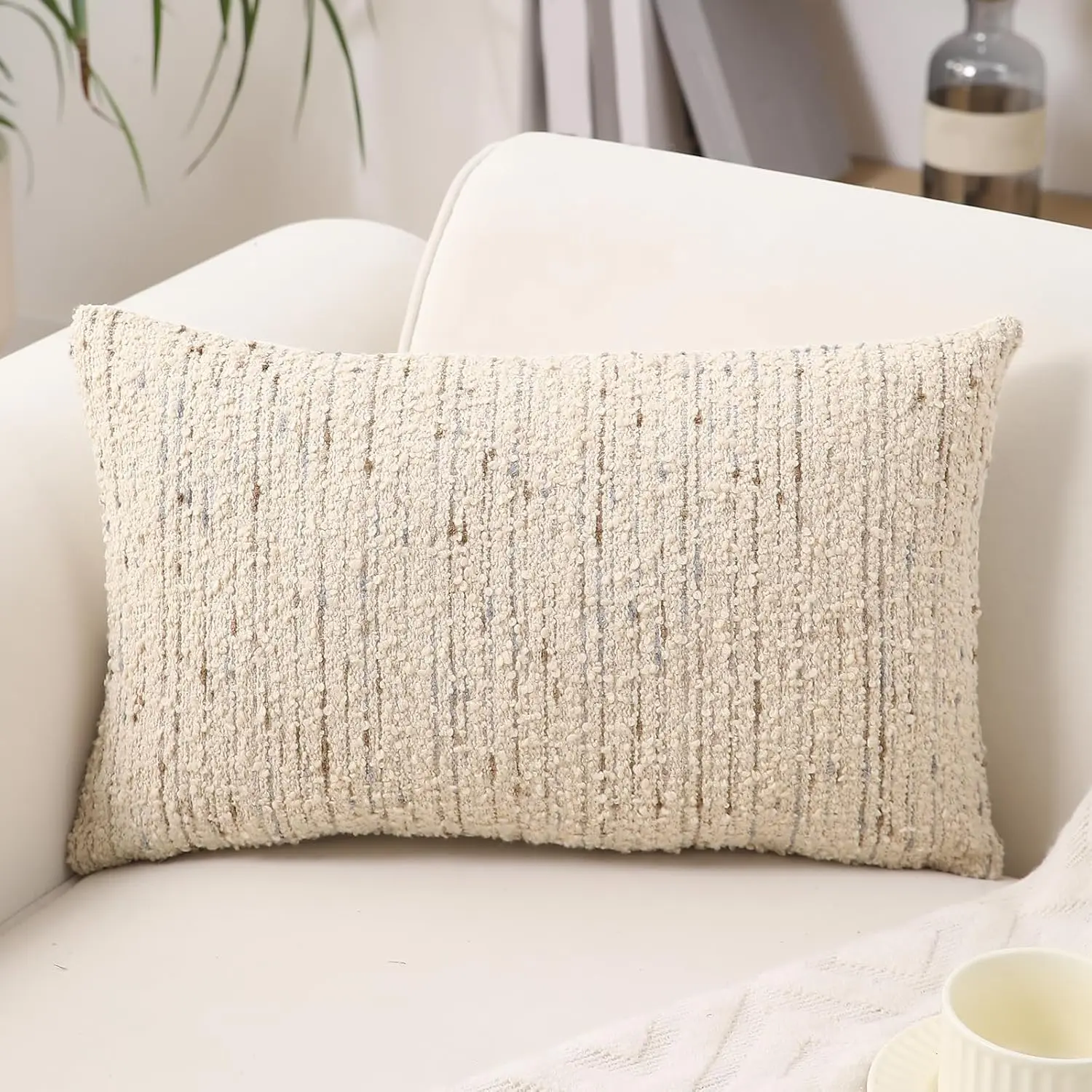 Textured Boucle Lumbar Pillow Covers 12x20 Neutral Striped Throw Pillows Soft Modern Farmhouse Pillow Cases, 1count Decorative Accent Rectangle Couch Cushion Cover for Bed Sofa, Cream Brulee