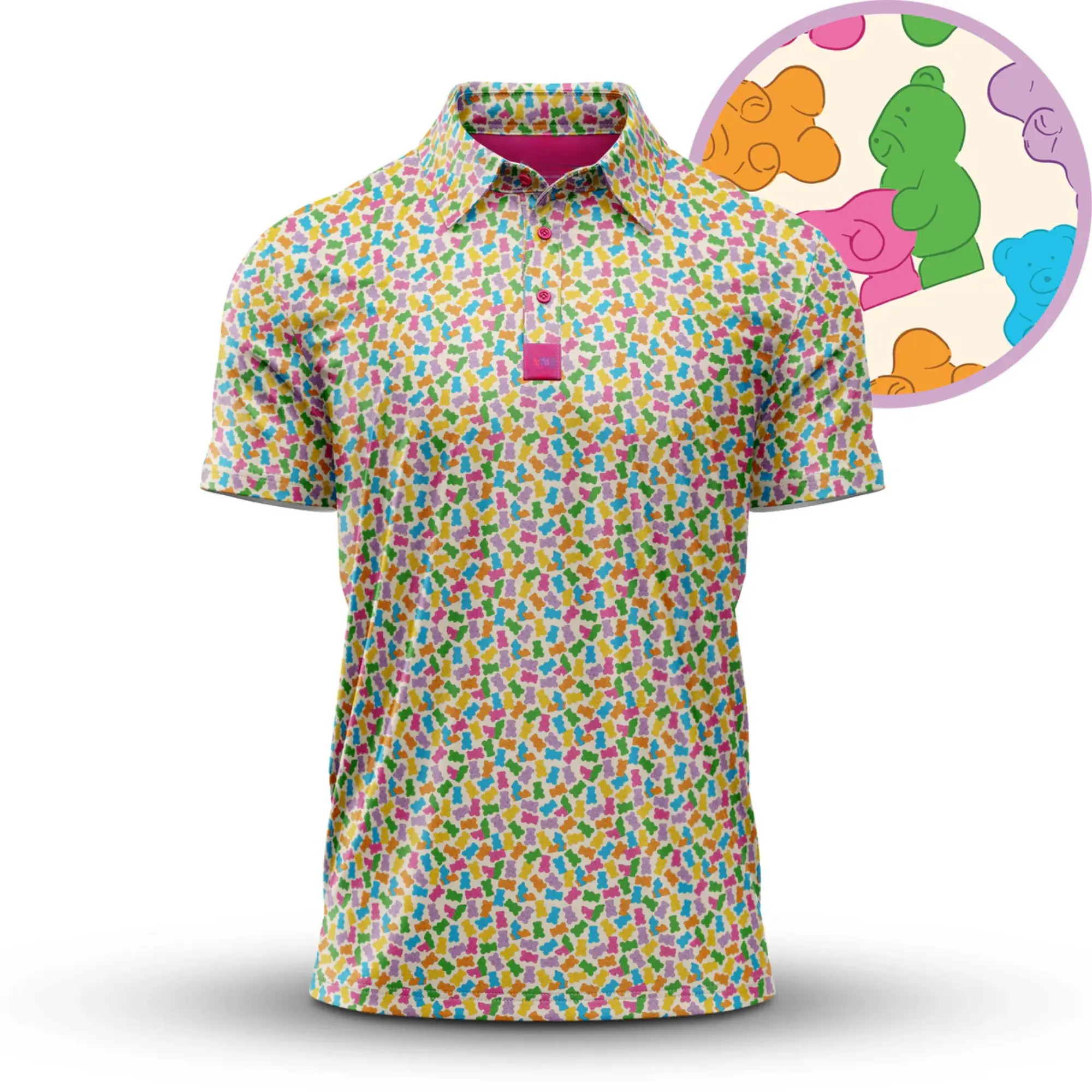Bogey Bros Men's Gummy Bears Golf Polo Shirt, Masters 2026 Performance Outdoor Gift, Camo All-Over Print Lightweight Quick-Dry 3-Button Placket, Fashion Golf Polo Shirts