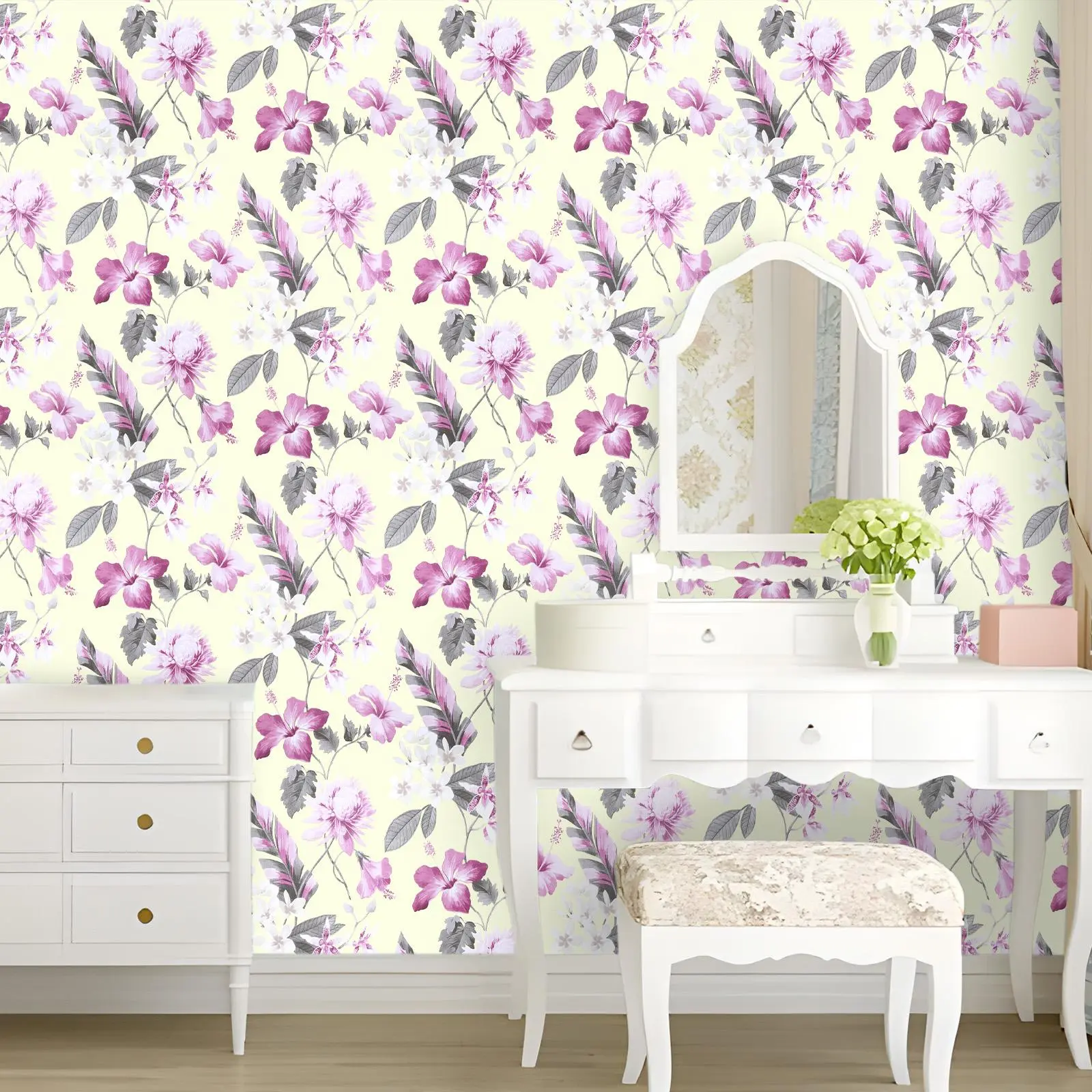 Vintage Country Pink-Purple Floral Peel and Stick Self-Adhesive Wallpaper - Waterproof Removable PVC Decorative Wall Sticker | DIY Cuttable for Living Room, Bedroom, Dorm & Furniture Decor | Room Background Renovation | Bathroom Peel and Stick Wallpaper