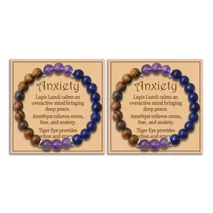 Natural Stone Stretch Bracelet Tiger Eye Amethyst Lapis Lazuli Mix, 18cm Circumference Unisex Beaded Jewelry, Boho Style Stackable Bracelets Gift Set of Two for Men and Women
