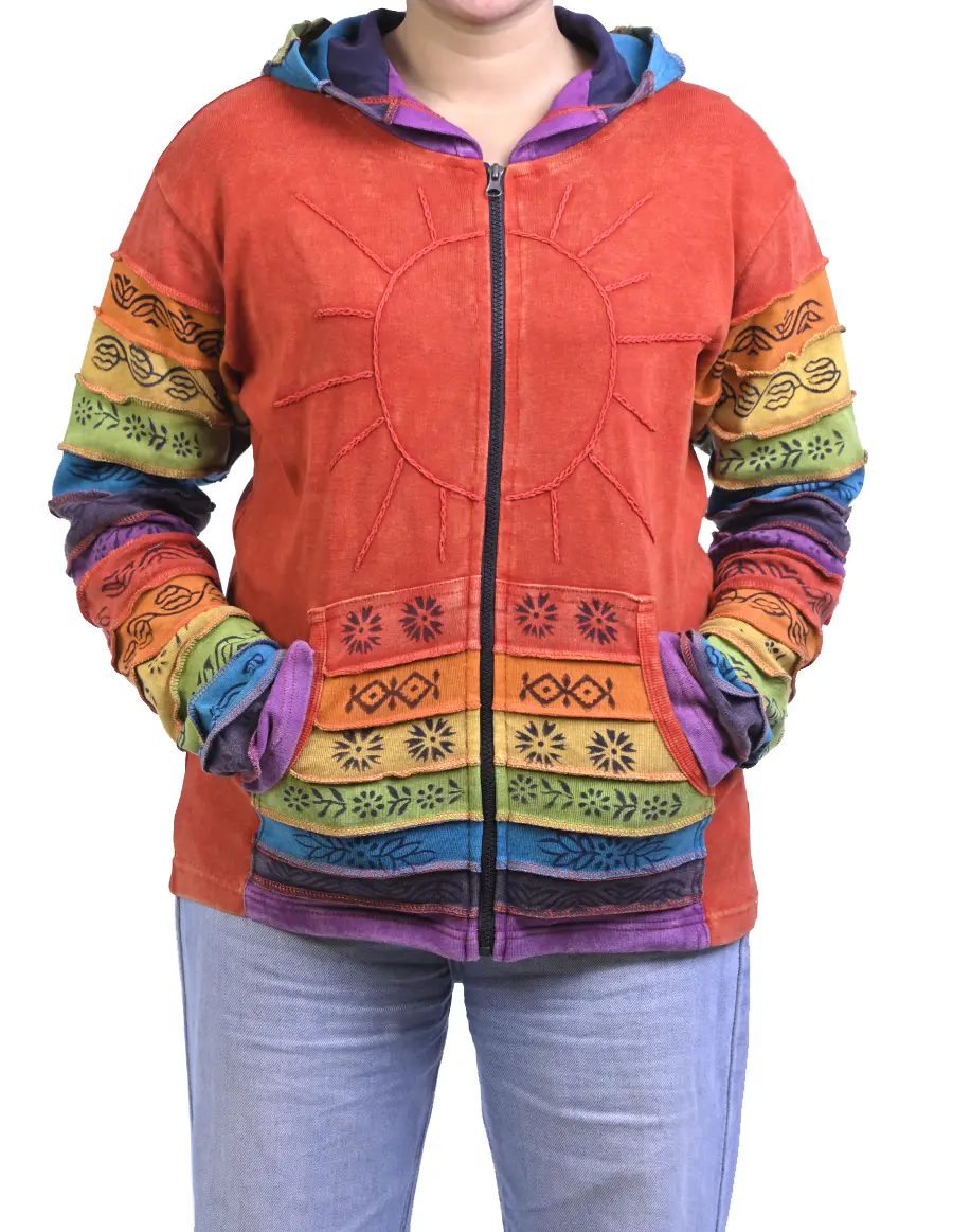 Caravan Closet Women's Bohemian Patchwork Cotton Hooded Jacket - Lightweight Hippie Coat with Pockets for Everyday Wear, Casual, Breathable