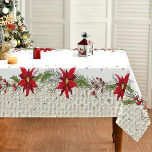 Rectangular Christmas Tablecloth, Poinsettia Design, Holiday Decor, Best Gifts for New Year & Christmas Eve