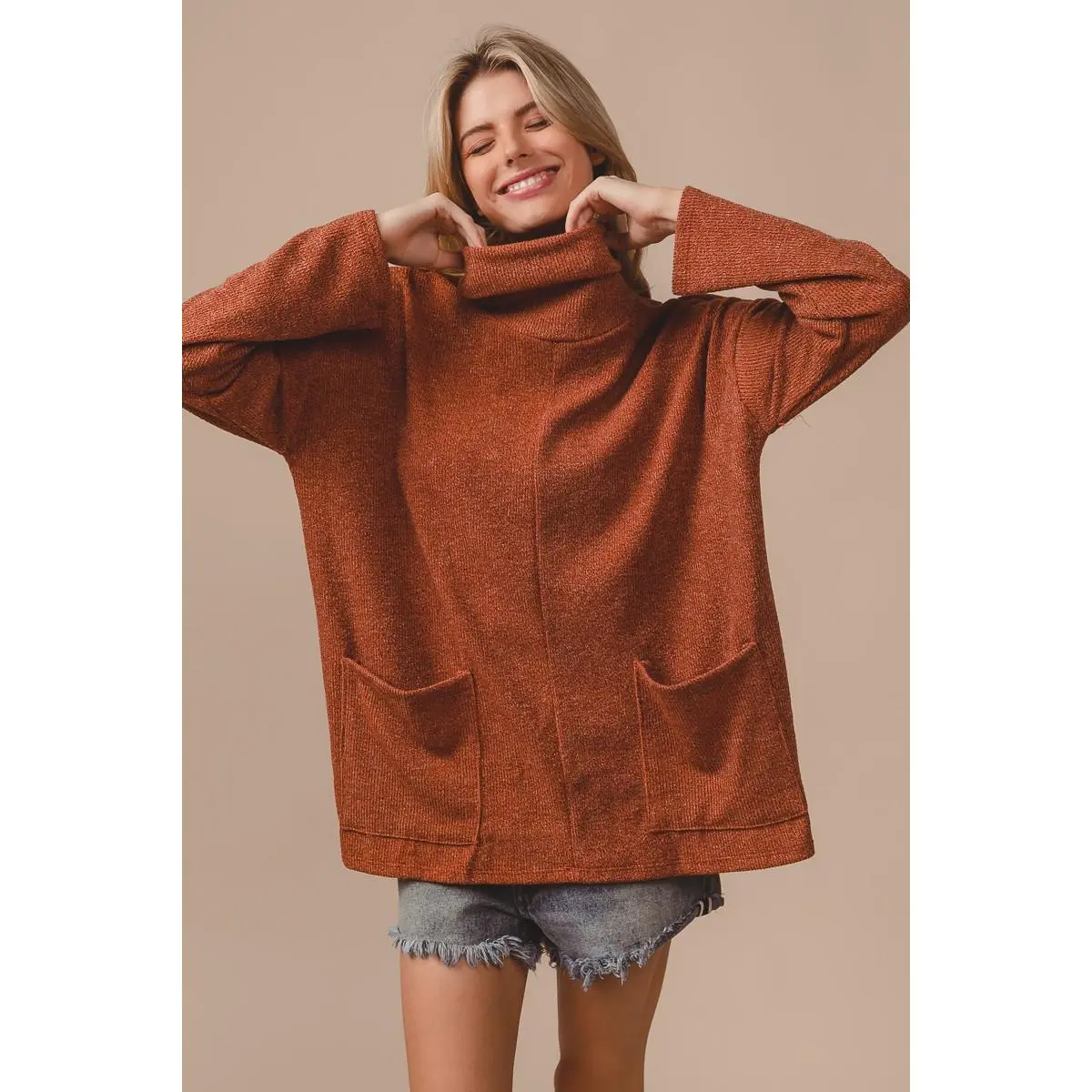 BiBi Piper Rib Double Pocket Turtle Neck Sweater