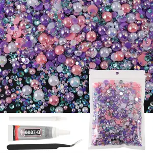 DIY 10 Colors Random Half Pearl Rhinestones Kit with Pickup Pen Tweezers and Glue for Nail Art Jewelry Shoes Clothing and DIY Craft Decorations