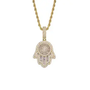 Vintage Hamsa Hand Pendant for Men Trendy Full Zircon Hip-hop Personality Necklace with Gold Rope Chain Mystical Symbol Luxurious Diamond Craftsmanship
