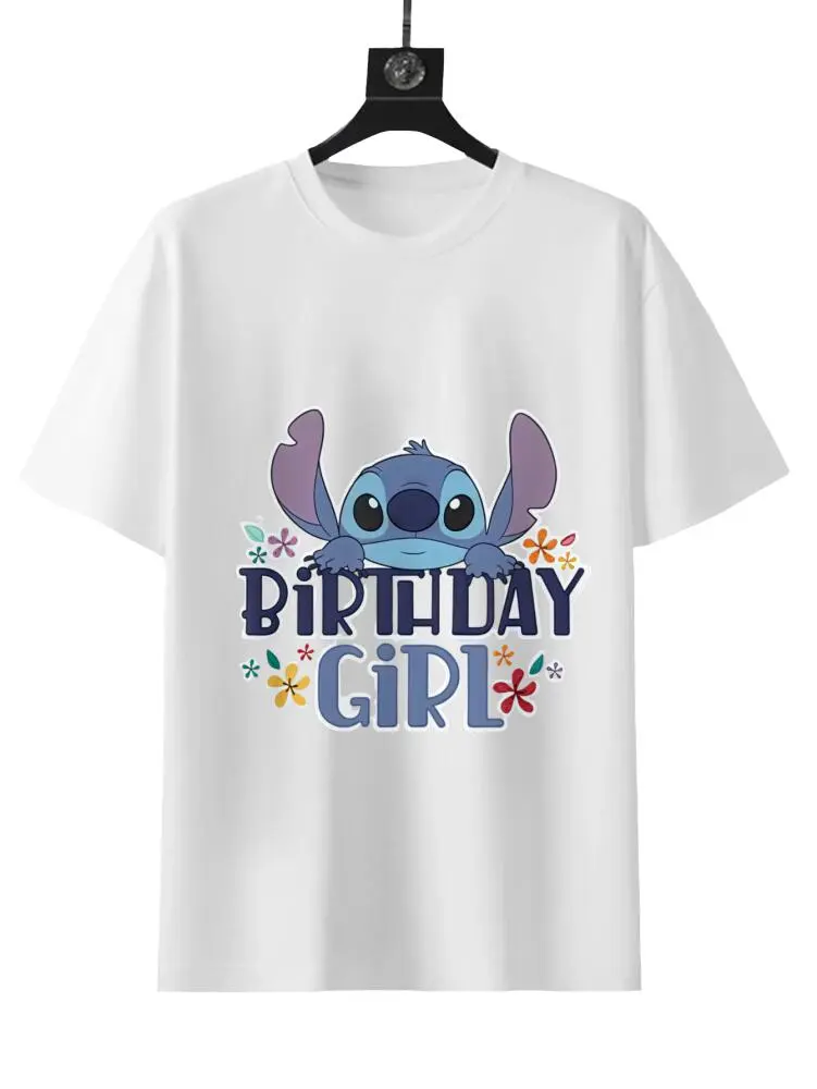 Disney Lilo & Stitch Birthday Girl Retro Floral Logo T-Shirt for Kids Featuring Stitch Design 100% Cotton Summer Wear