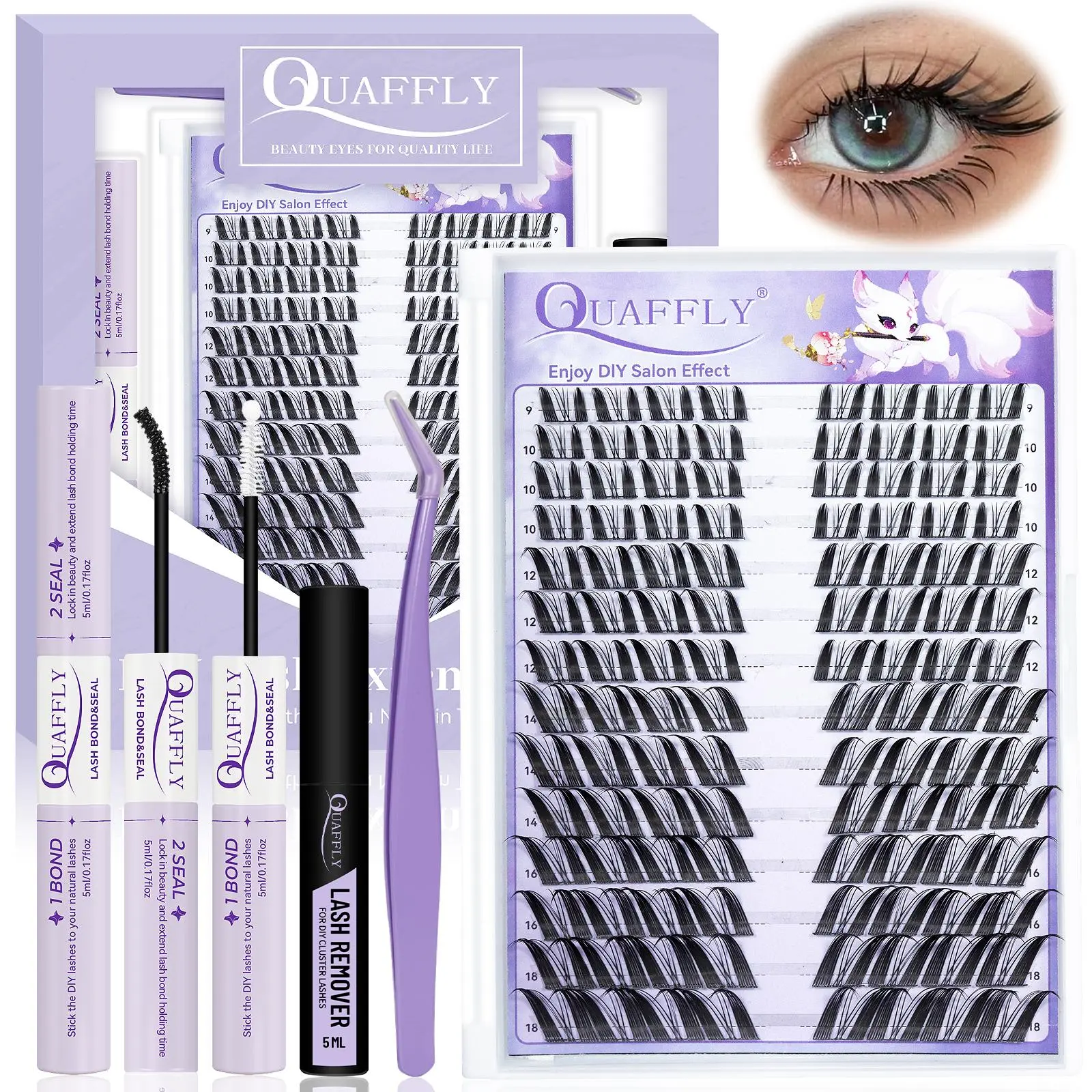 Natural Look Eyelash Extensions Set, 1 Set Individual False Eyelashes, DIY Lash Cluster, with Eyelash Glue & Tweezers & Glue Remover, Self Grafting Eyelash Clusters, Eyelash Extension Kit