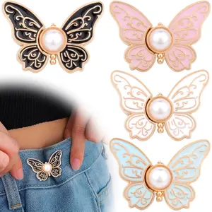 4 Sets Butterfly Waist Tightener Buttons for Pants Adjustable Metal Jeans Waist Tightener No Sewing Detachable Butterfly Pin Clips for Women Skirt Loose Waist Black White Pink Blue