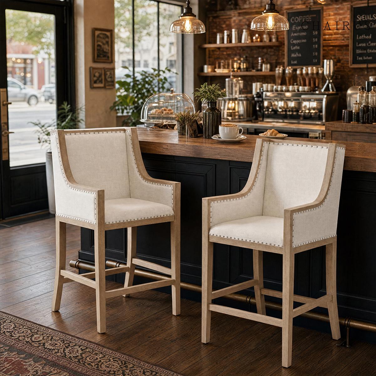 CHAIRUS 2 pack 26.5" Farmhouse Linen Barstools with Armrest Upholstered Wood Counter Height Bar Stools for Kitchen Island Dining Room Living Room Home Decor