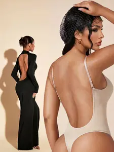 Soft Beige Open-Back Seamless Bodysuit, Adjustable Strap Shapewear, Versatile No-Show Lingerie for Casual, Party & Bridal Occasions, Underwear