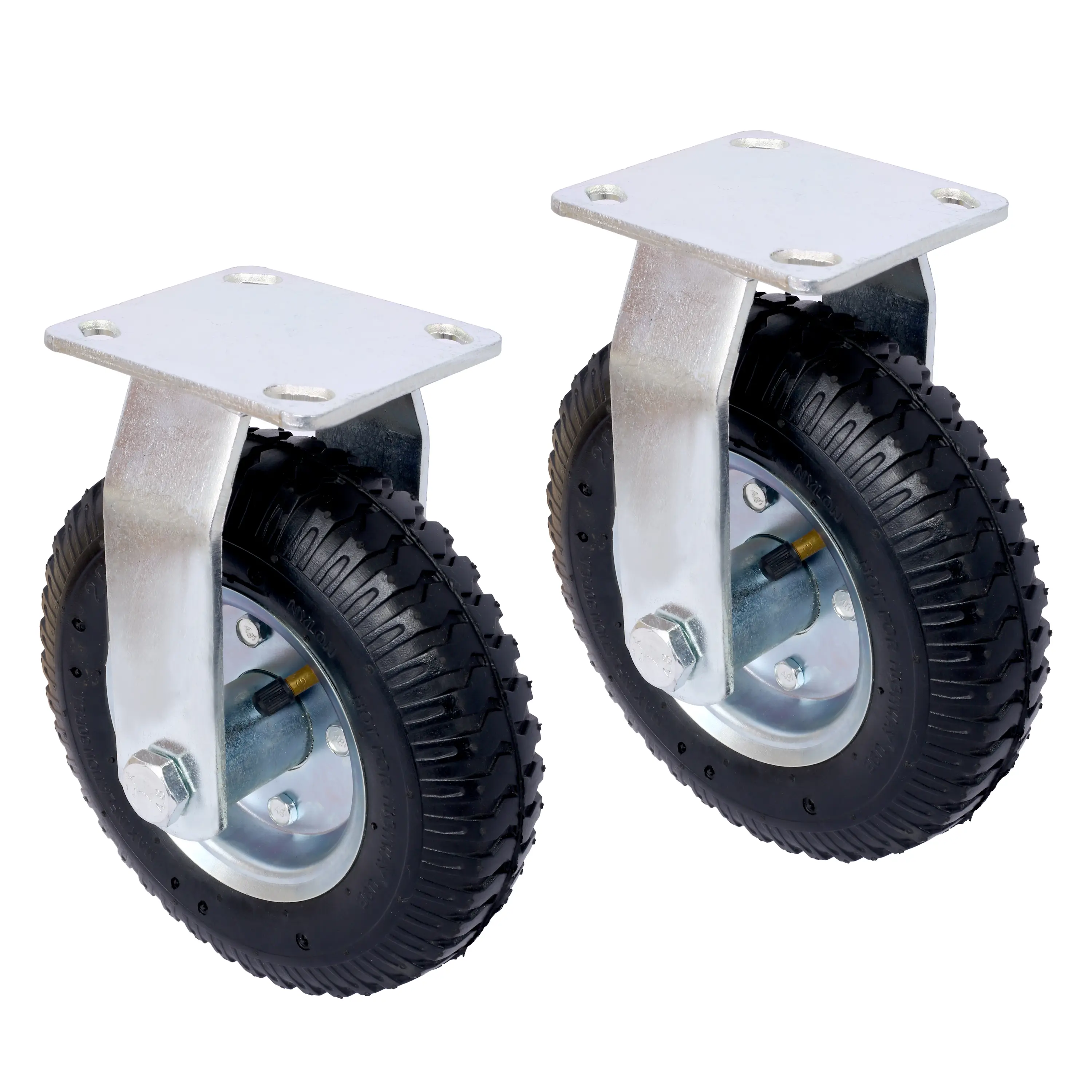 2 Rigid Metal Pneumatic Casters - 8 in Diameter, Swivel Plate, Steel Hubs with Ball Bearings, 5/8 in Centered Bore Axle, 220 lbs Load Capacity, Ribbed Tread for Enhanced Traction, Black, Indoor & Outdoor Multi-Surface Use, 2 Rigrid Casters