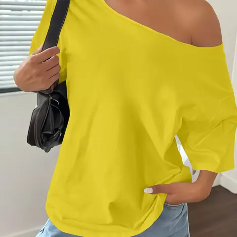 Plus Size Women's Asymmetrical Shoulder Fitted Top, Trendy Casual Fashion Short Sleeve Blouse Shirts, Thin Lightweight Fabric Daily Wear for All Seasons Blouses Shirts Tops